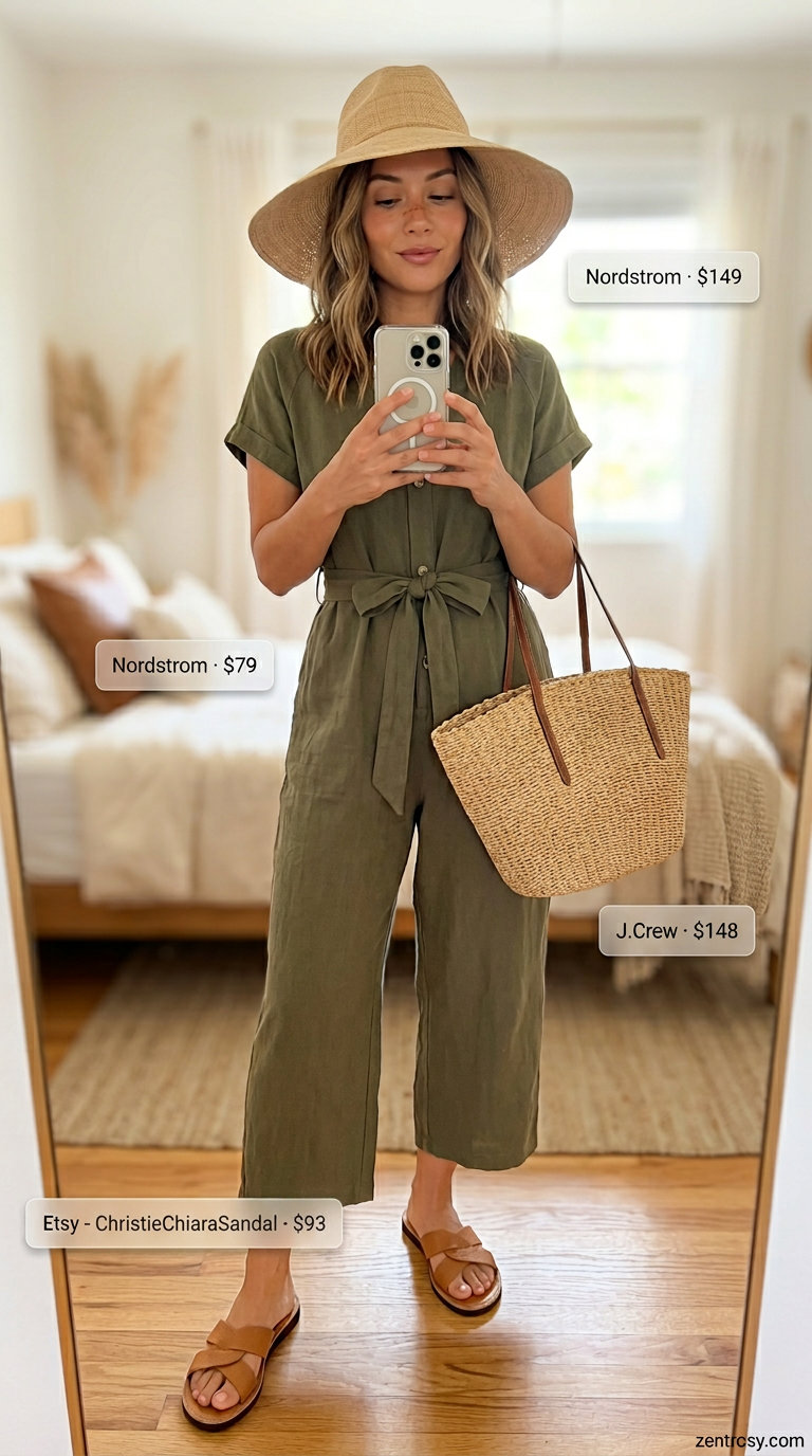 Elegant classy summer outfit for women 2026: Olive green linen jumpsuit, straw hat, tan slides, woven tote.