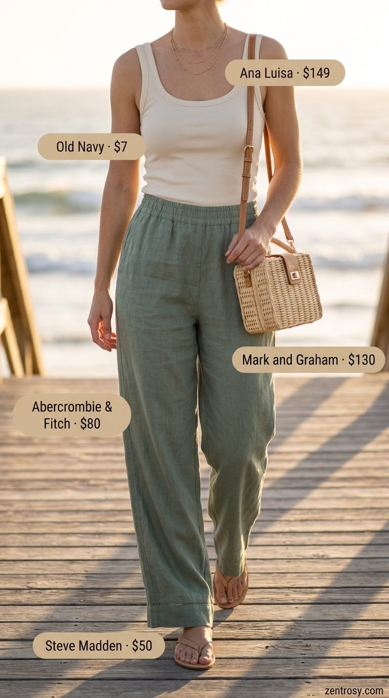 Elegant classy summer outfits for women 2026: Sage green linen pants, cream tank & straw bag for coastal evening.