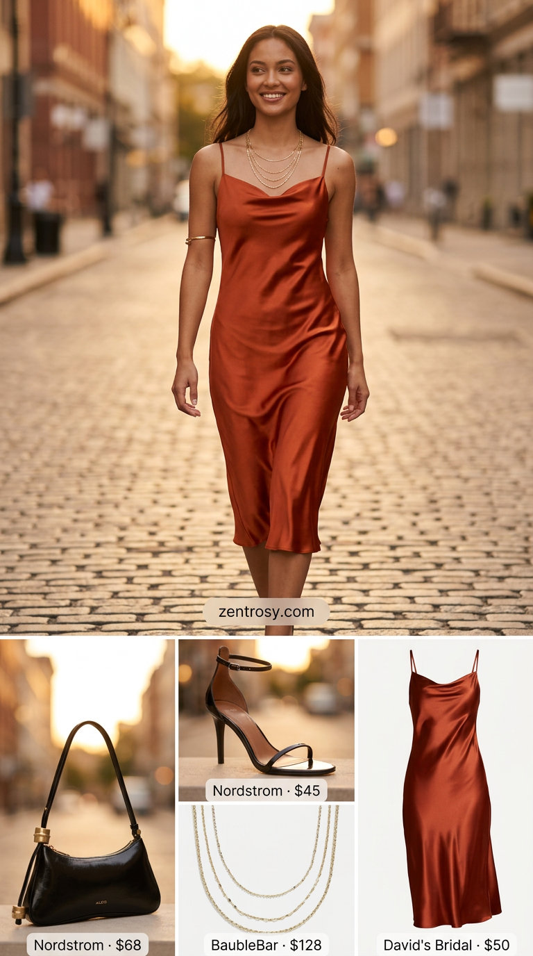 Elegant classy summer outfits for women 2026: Terracotta slip dress, black strappy heels & gold layered necklaces.