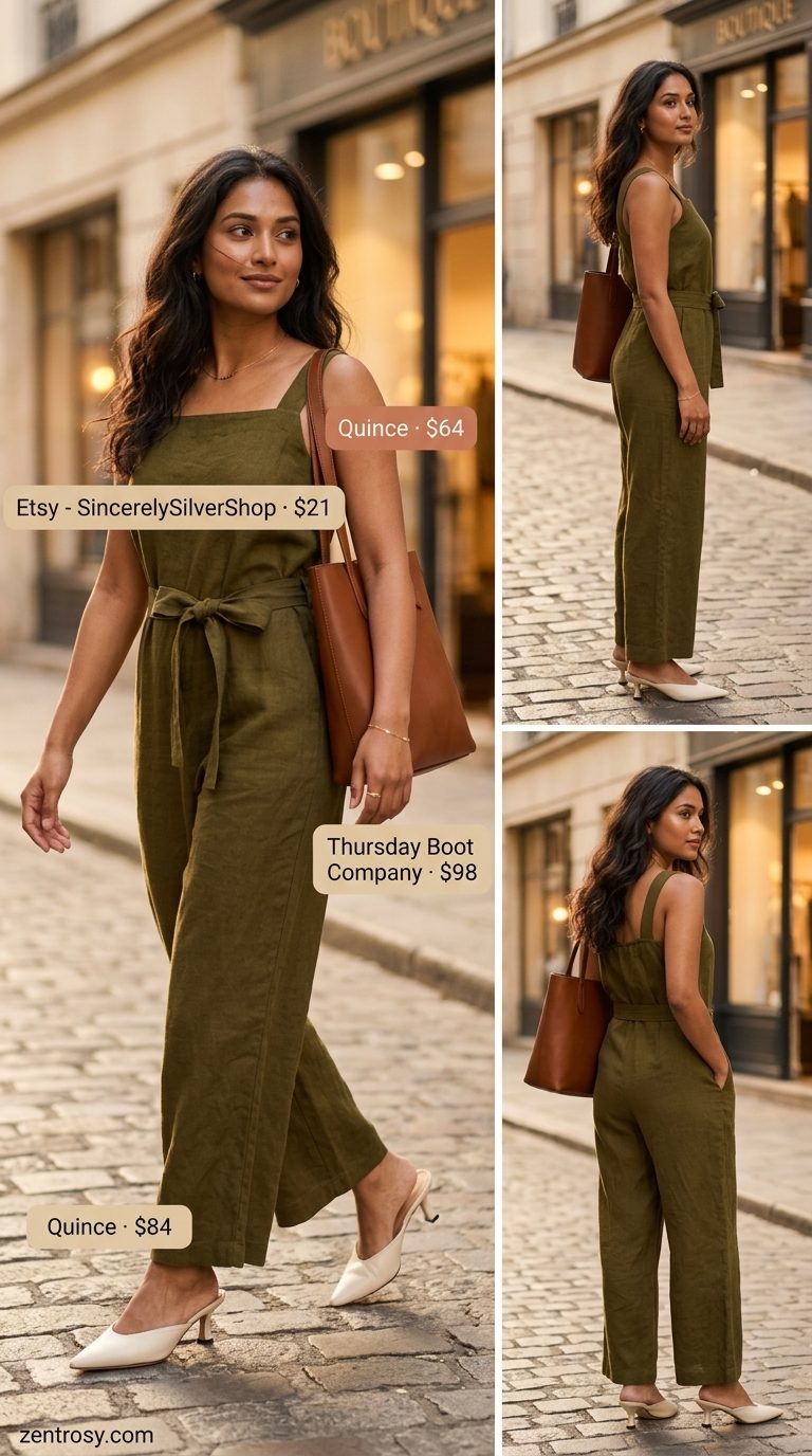 Olive green utility jumpsuit with white mules and tan bag for elegant classy summer outfits for women 2026.