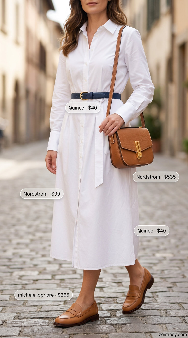 Elegant classy summer outfit for women 2026: White shirt dress, tan belt, navy loafers, crossbody bag.