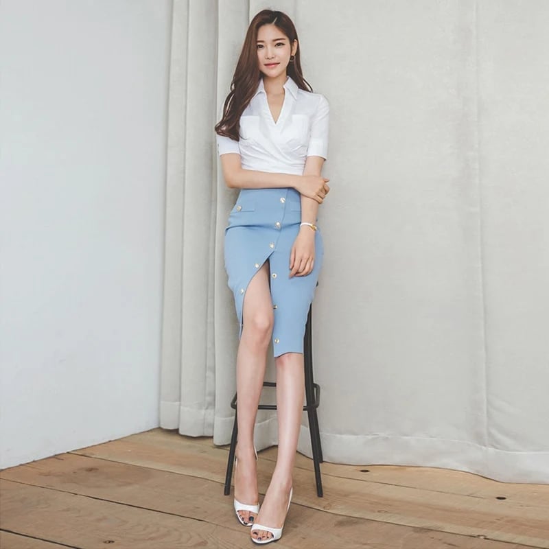 White Wrap Top and Light Blue Pencil Skirt — Elegant Korean Outfits
