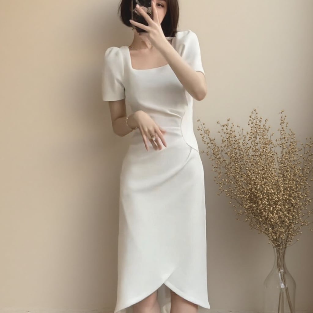 White Midi Dress with Asymmetrical Hem — Elegant Korean Outfits