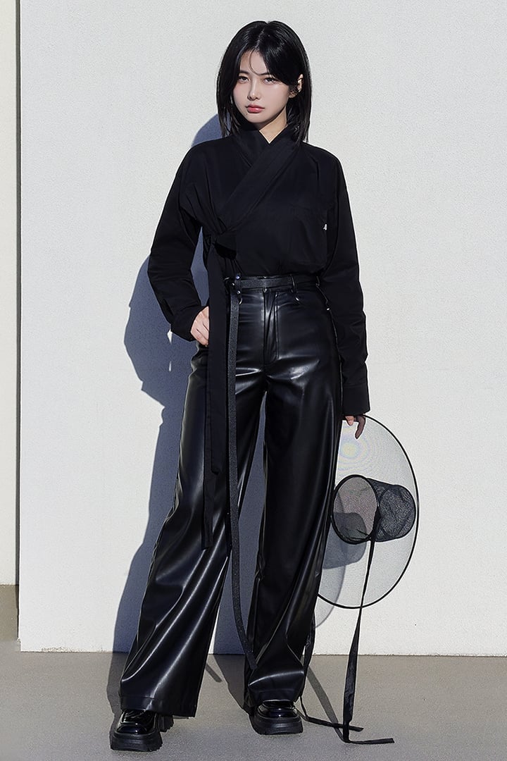 Monochromatic Black Wrap Top and Leather Trousers — Elegant Korean Outfits