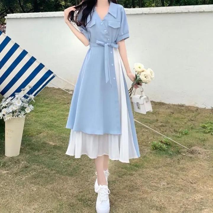 Blue Collared Dress with Layered White Hem — Elegant Korean Outfits
