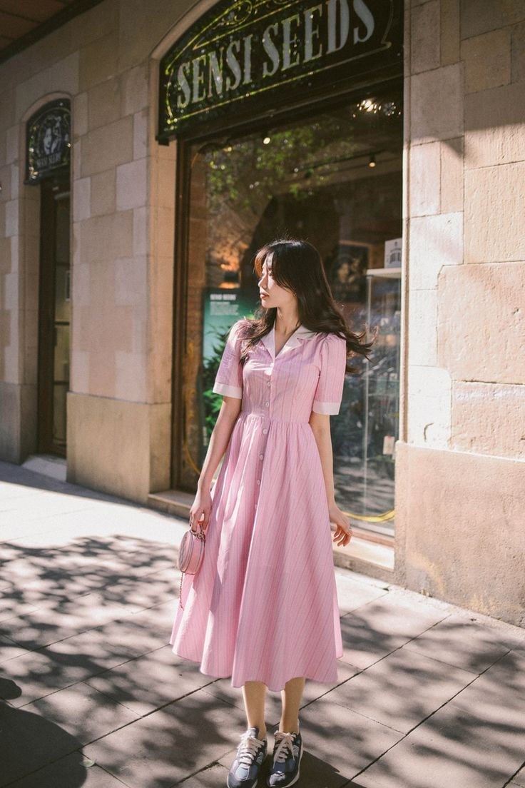 Pink Striped Midi Dress Casual Comfort — Elegant Korean Outfits
