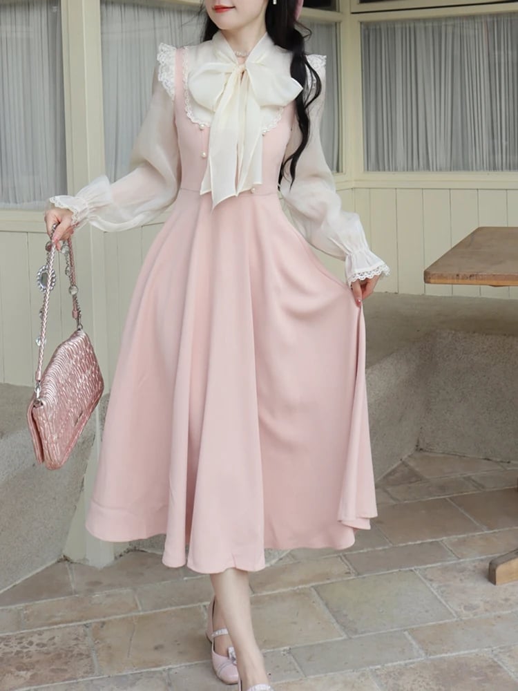 Pink Satin Dress with Cream Lace Blouse — Elegant Korean Outfits