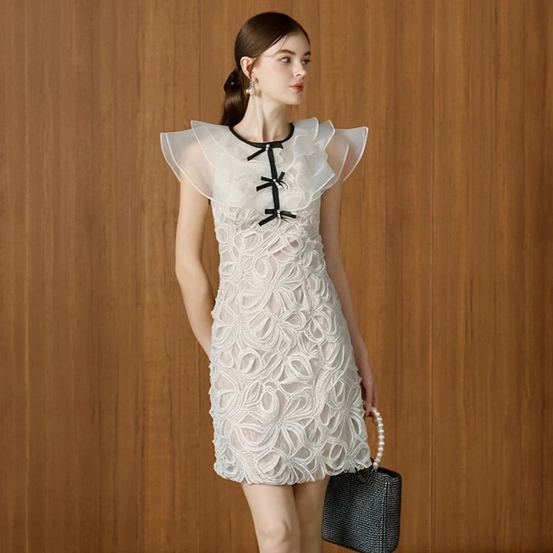 White Lace Mini Dress with Ruffled Collar — Elegant Korean Outfits