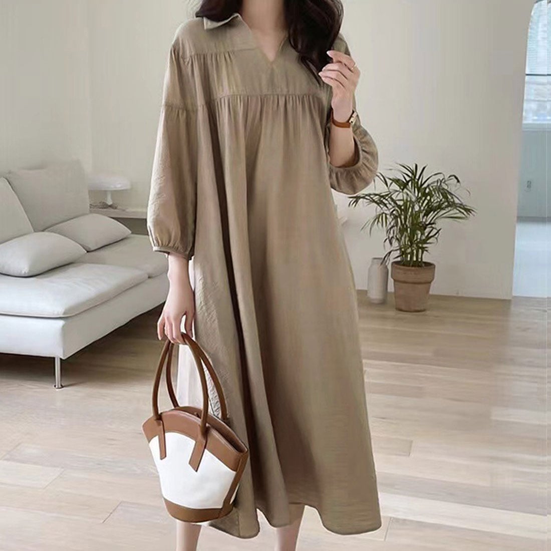 Khaki Linen-Like Shirt Dress Casual Style — Elegant Korean Outfits