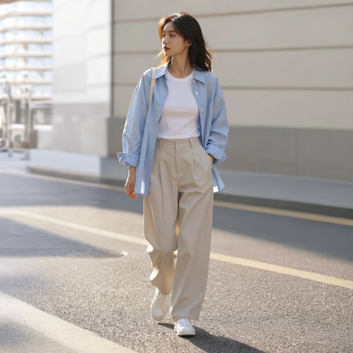 Layered Blue Shirt and Beige Trousers Casual Chic — Elegant Korean Outfits