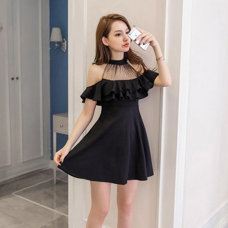 Black Mini Dress with Puff Sleeves and Ruffles — Elegant Korean Outfits