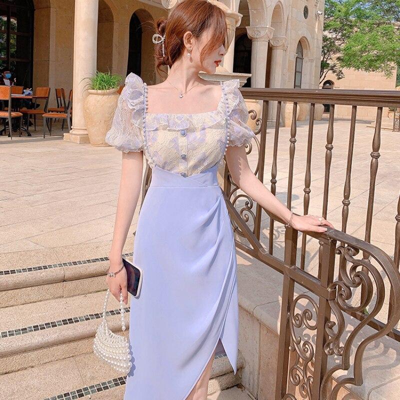 Cream Puff Sleeve Top and Lavender Wrap Skirt — Elegant Korean Outfits