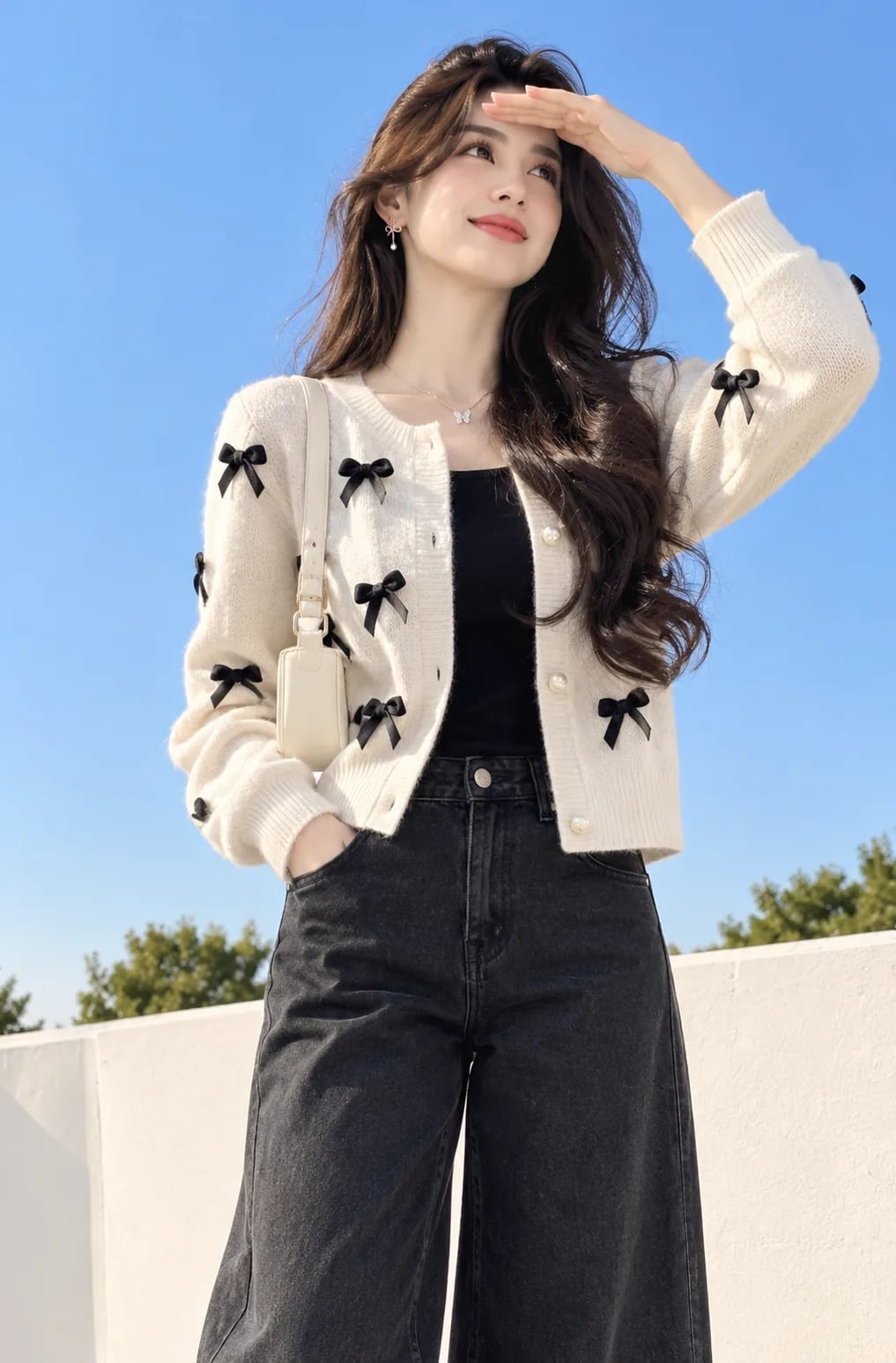 Cream Cardigan with Black Bows Over Grey Jeans — Elegant Korean Outfits