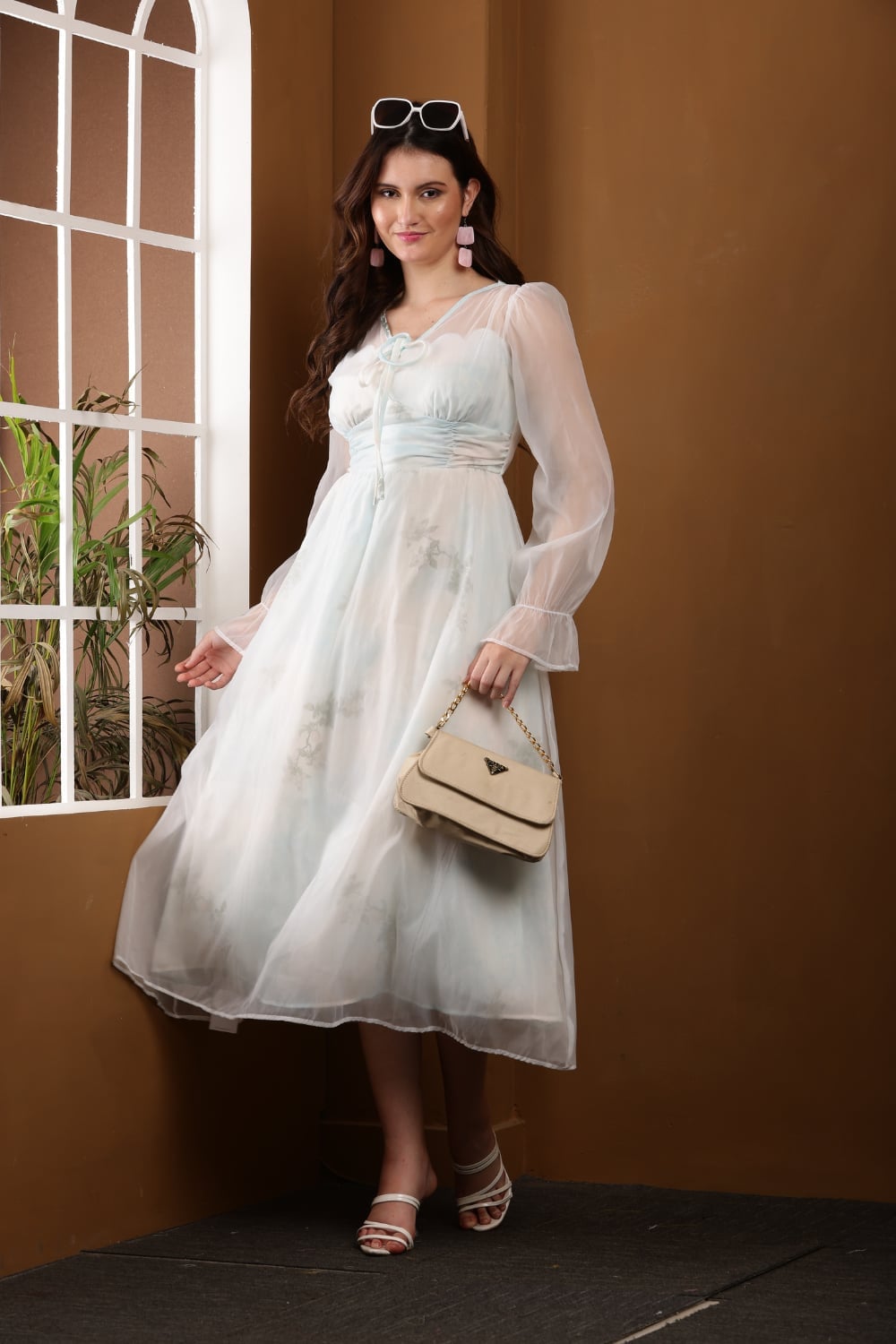 Pale Blue Floral Chiffon Dress Elegance — Elegant Korean Outfits