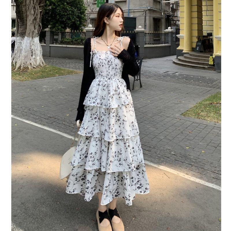 Black Cardigan Over White Floral Midi Dress — Elegant Korean Outfits