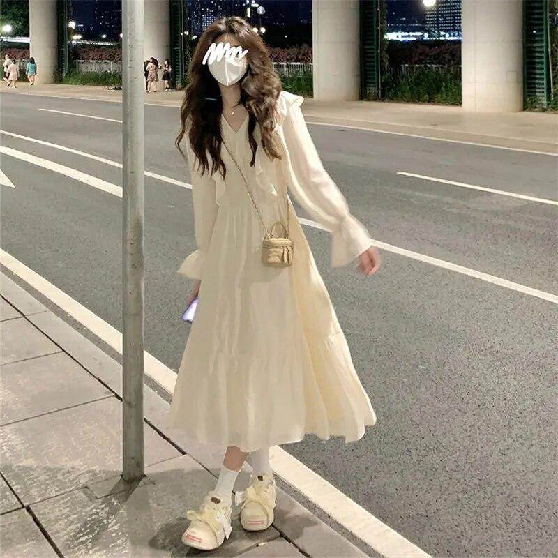 Off-White Ruffled Midi Dress Casual Charm — Elegant Korean Outfits