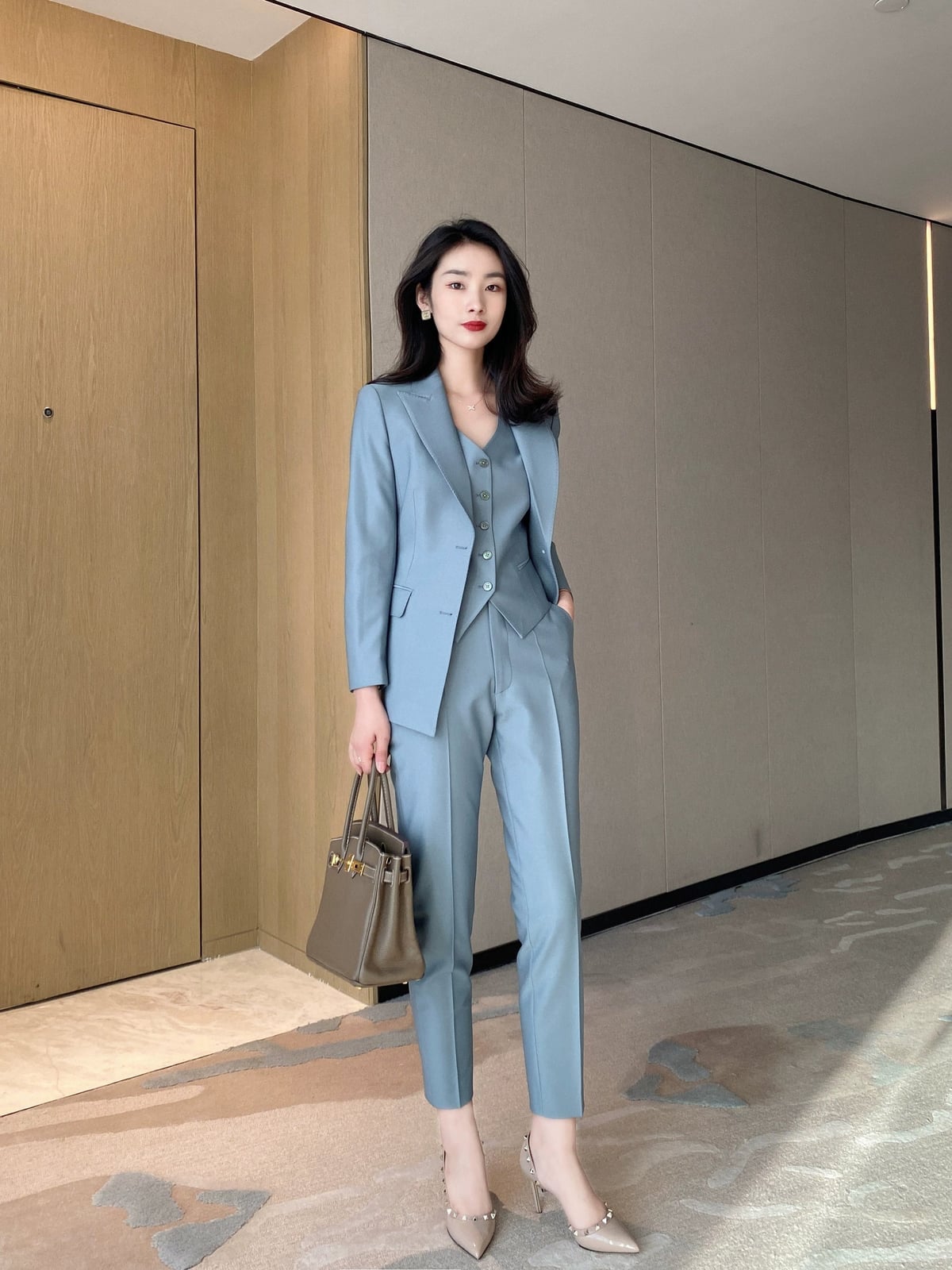Light Blue Three-Piece Suit Sophistication With Nude Pointed-Toe Heels — Elegant Korean Outfits