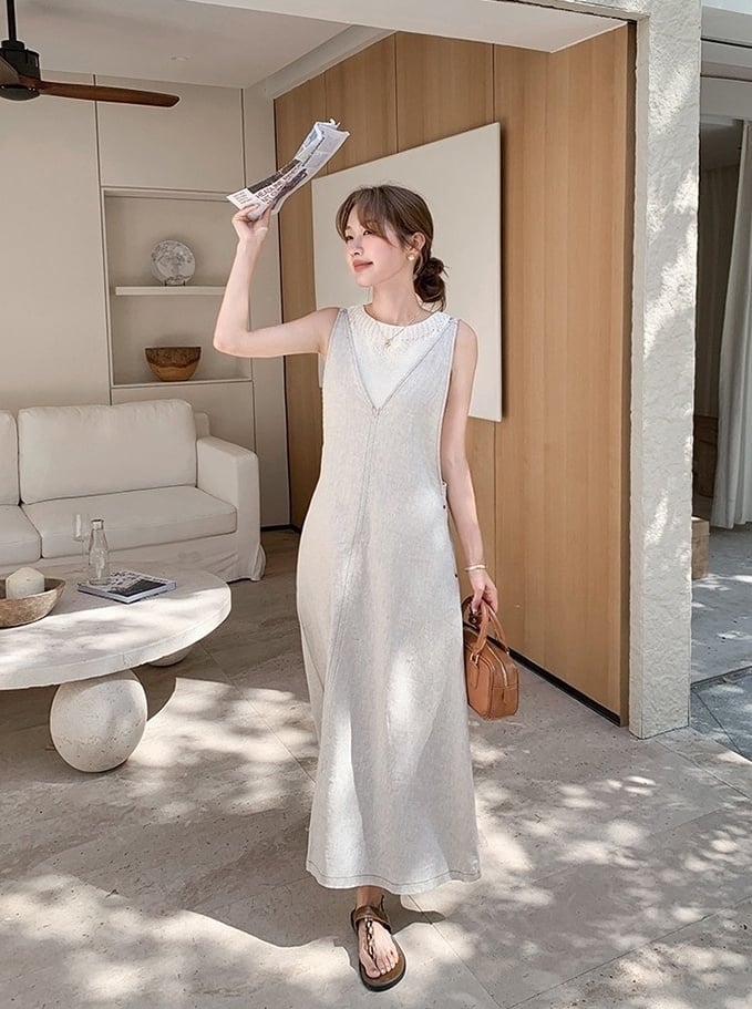 Beige Linen Slip Dress Casual Elegance — Elegant Korean Outfits