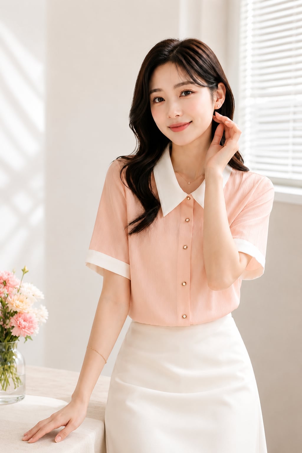 Peach Blouse with Contrast Collar — Elegant Korean Outfits