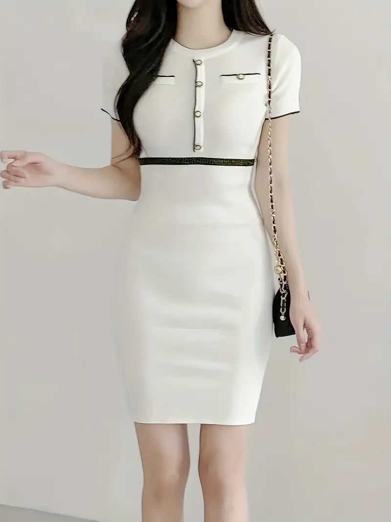 White Knit Dress with Black Trim — Elegant Korean Outfits