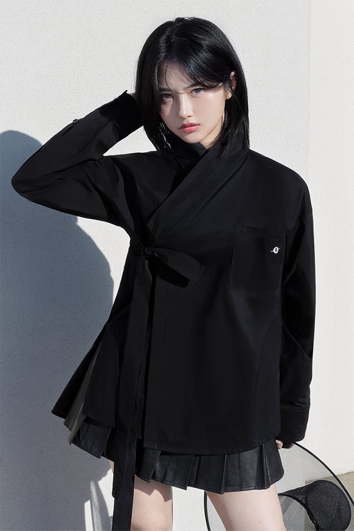 Monochromatic Black Wrap Top and Pleated Skirt — Elegant Korean Outfits