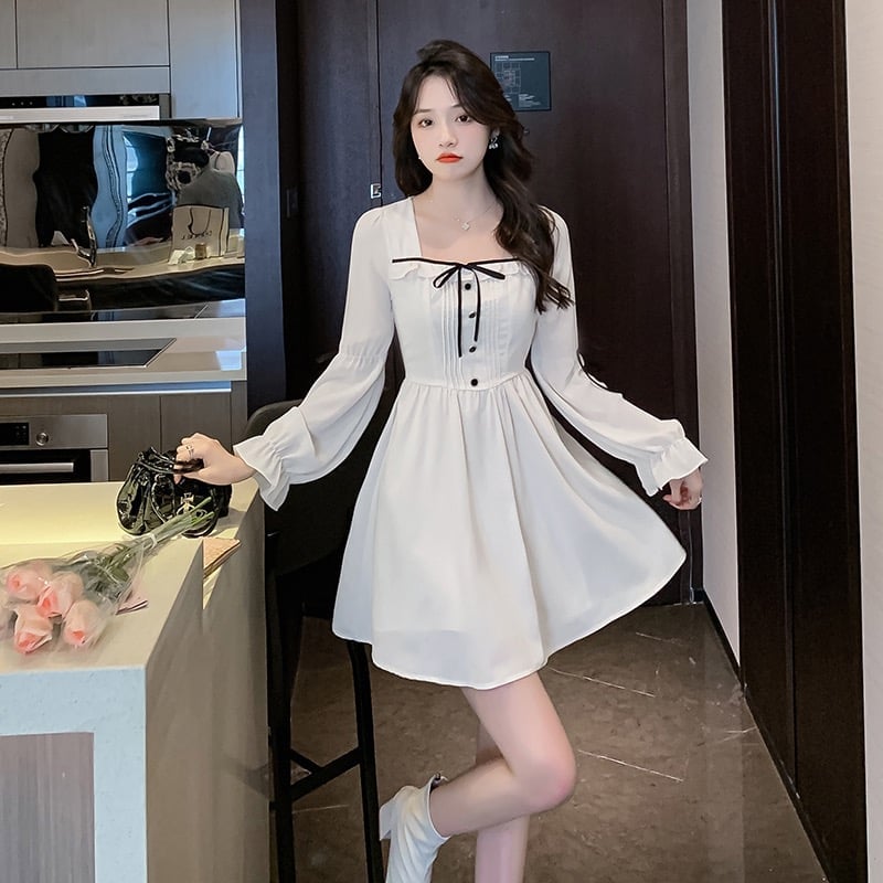 White Chiffon Mini Dress with Black Ribbon — Elegant Korean Outfits