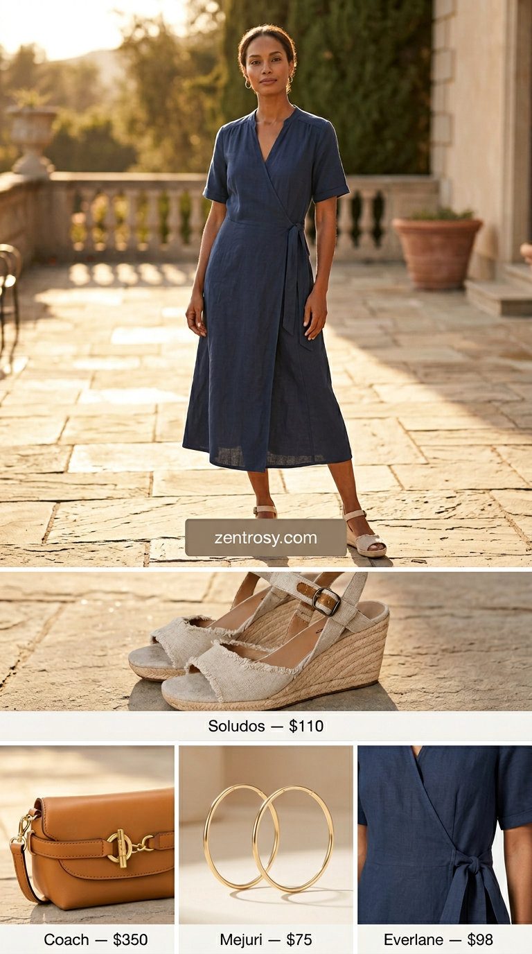 Elegant Linen Wrap Dress 2026 Elegant navy blue linen wrap dress outfit for daytime events and summer dinners in 2026.