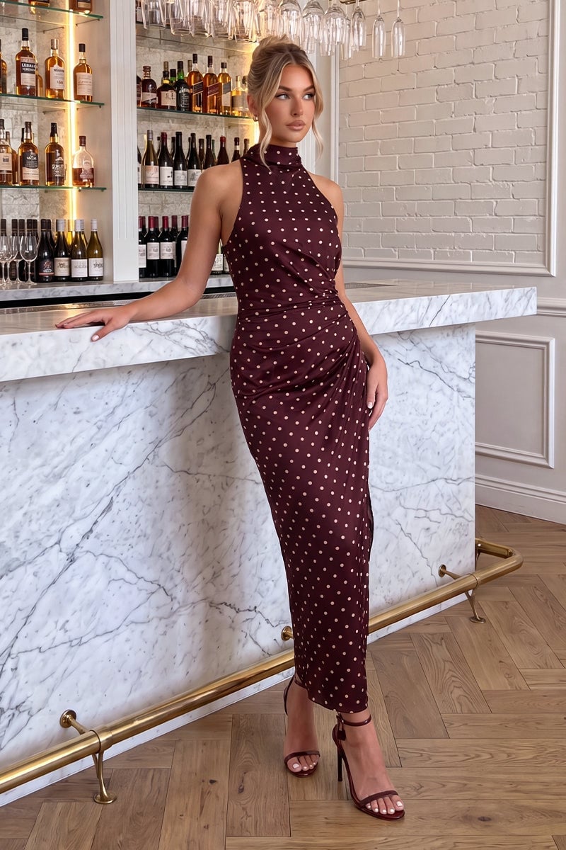 Burgundy Satin Ruched Midi Dress — Elegant Midi Dresses