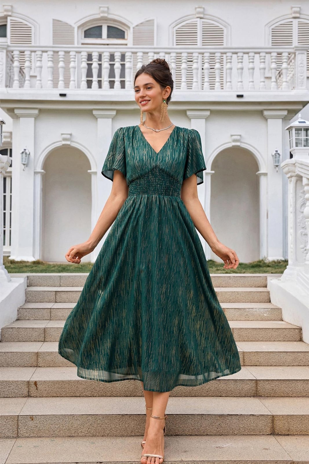 Green and Gold Metallic Stripe Midi Dress — Elegant Midi Dresses