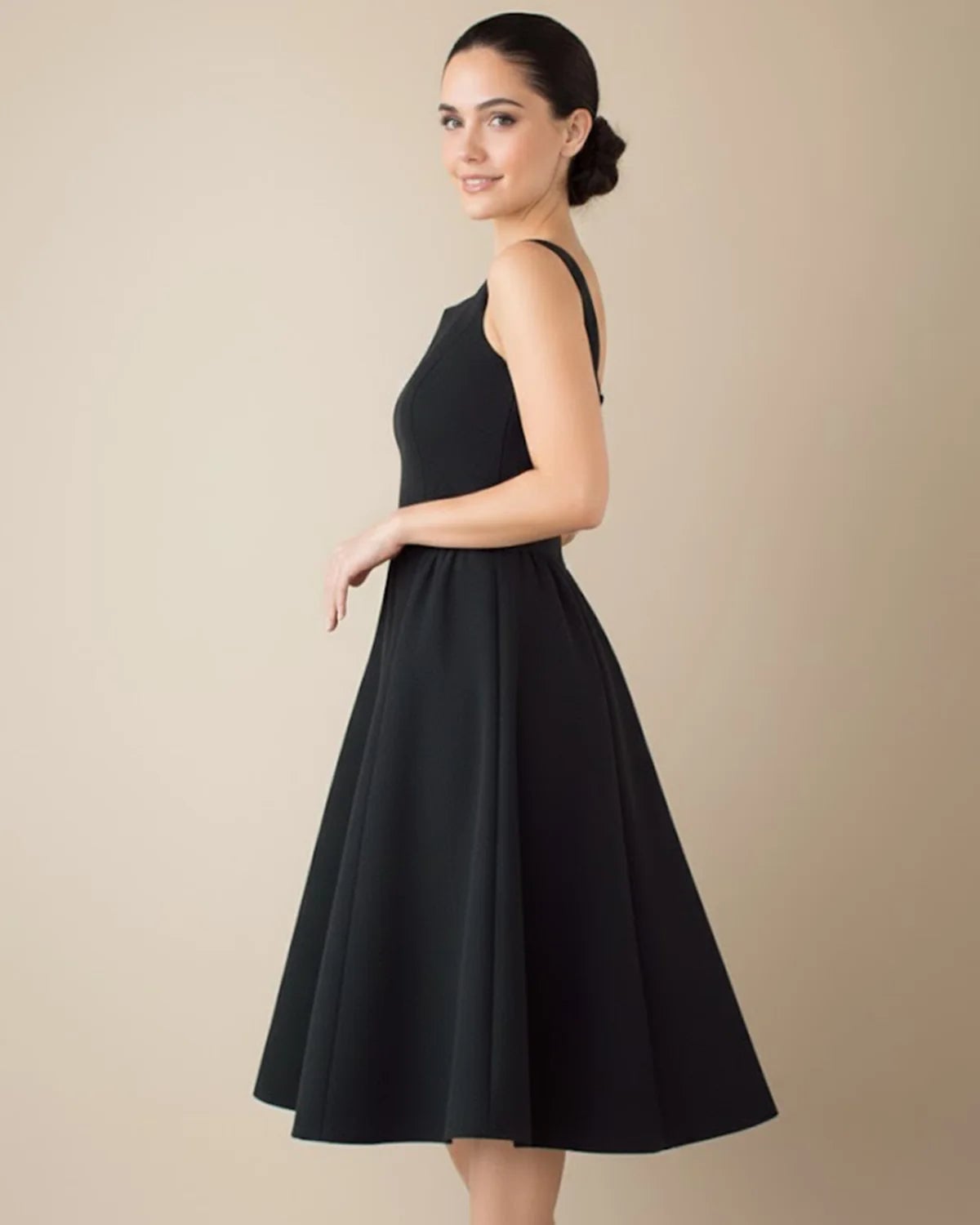 Black Sleeveless Midi Dress with Square Neckline — Elegant Midi Dresses
