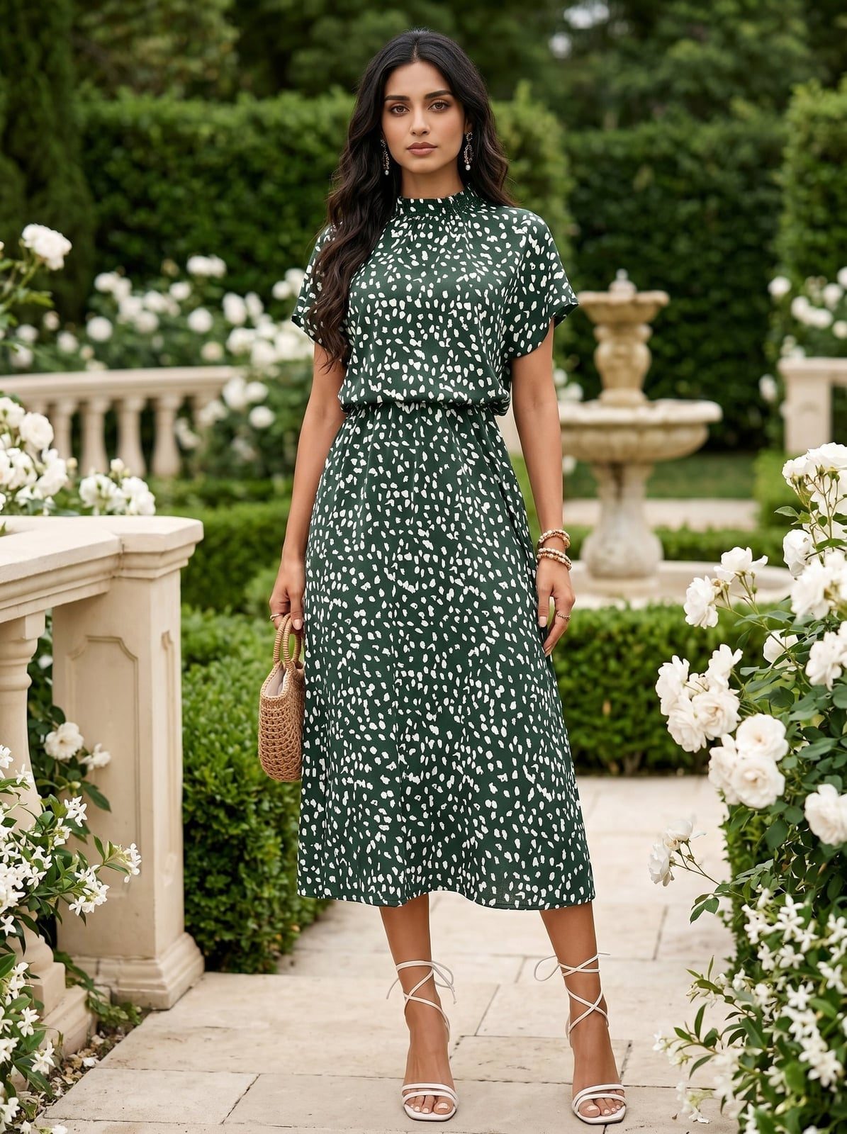 Dark Green Printed Midi Dress with Batwing Sleeves — Elegant Midi Dresses