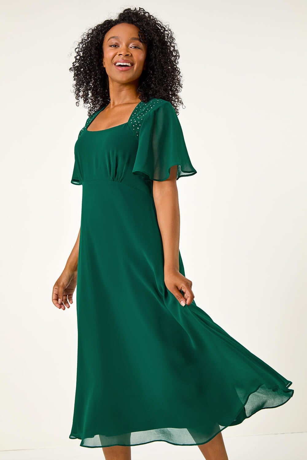 Emerald Green Midi Dress with Embellished Shoulders — Elegant Midi Dresses