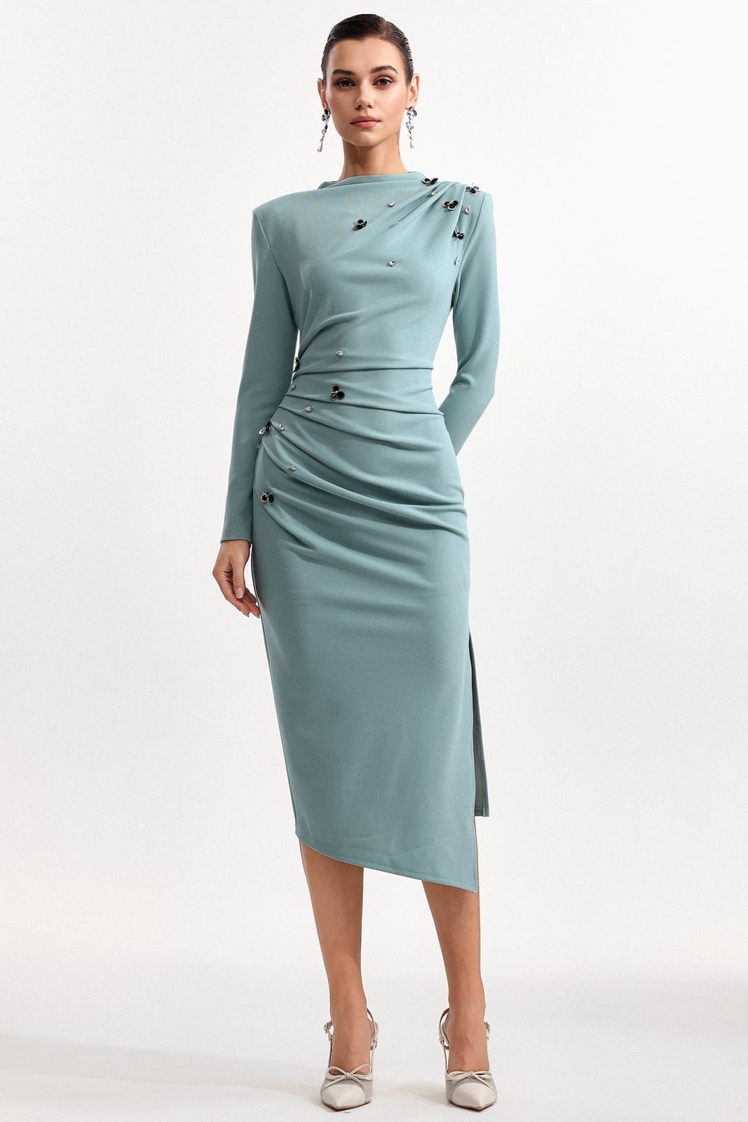 Pale Blue Knit Midi Dress with Cinched Waist — Elegant Midi Dresses