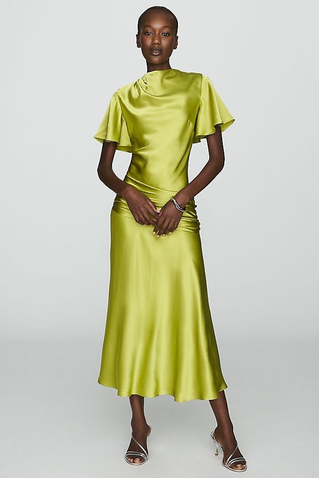 Lime Green Satin Midi Dress with Draped Neckline — Elegant Midi Dresses