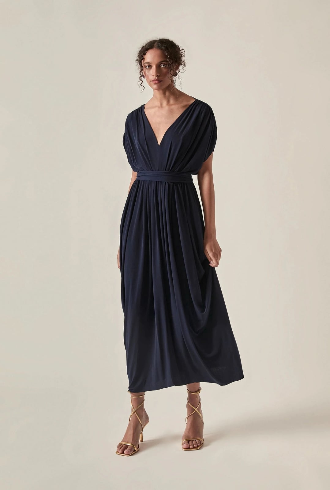 Navy Blue Draped Midi Dress with Open Back — Elegant Midi Dresses
