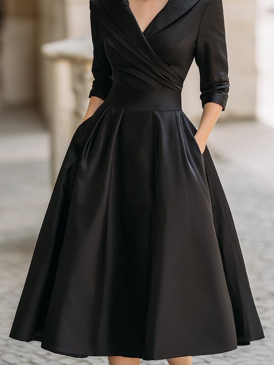 Black Satin Midi Dress with Full Skirt — Elegant Midi Dresses