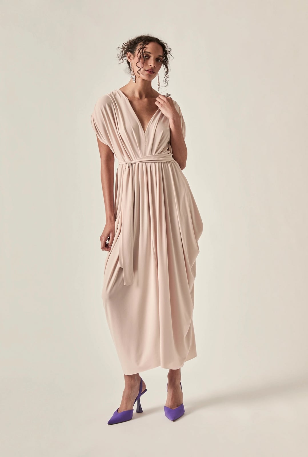 Beige Draped Midi Dress with Belted Waist — Elegant Midi Dresses