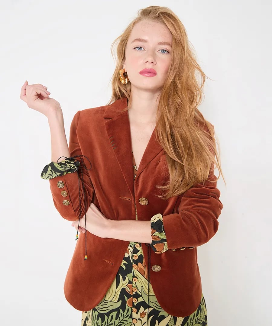 Rust Velvet Blazer With Patterned Cuffs — Elegant Rock Outfits