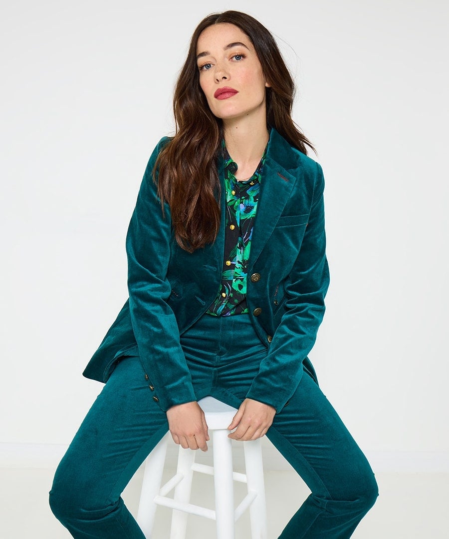 Teal Velvet Blazer With Printed Shirt and Trousers — Elegant Rock Outfits