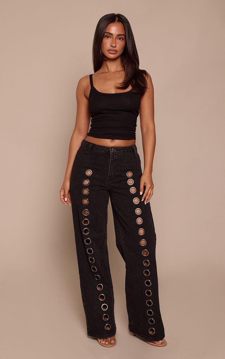 Black Wide-Leg Jeans With Metal Eyelets — Elegant Rock Outfits