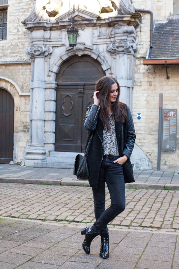 Leather Jacket Over Textured Coat With Distressed Jeans — Elegant Rock Outfits