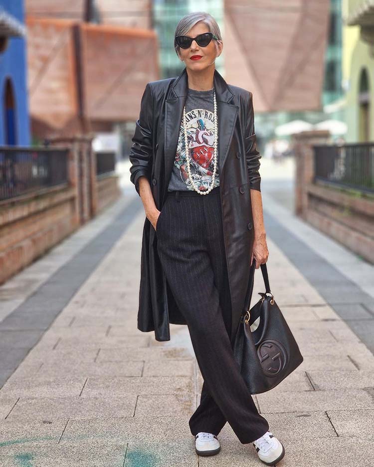 Leather Trench Coat With Band T-Shirt and Pinstripe Trousers — Elegant Rock Outfits