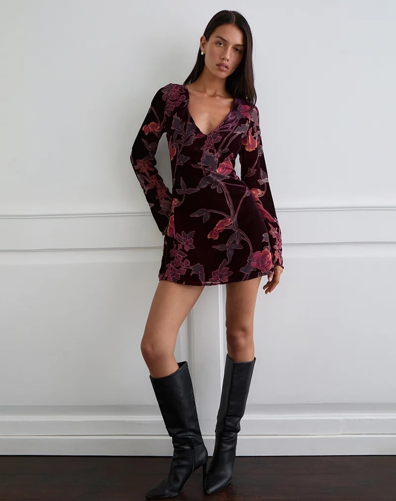 Deep Burgundy Velvet Mini Dress with Floral Embroidery — Elegant Rock Outfits