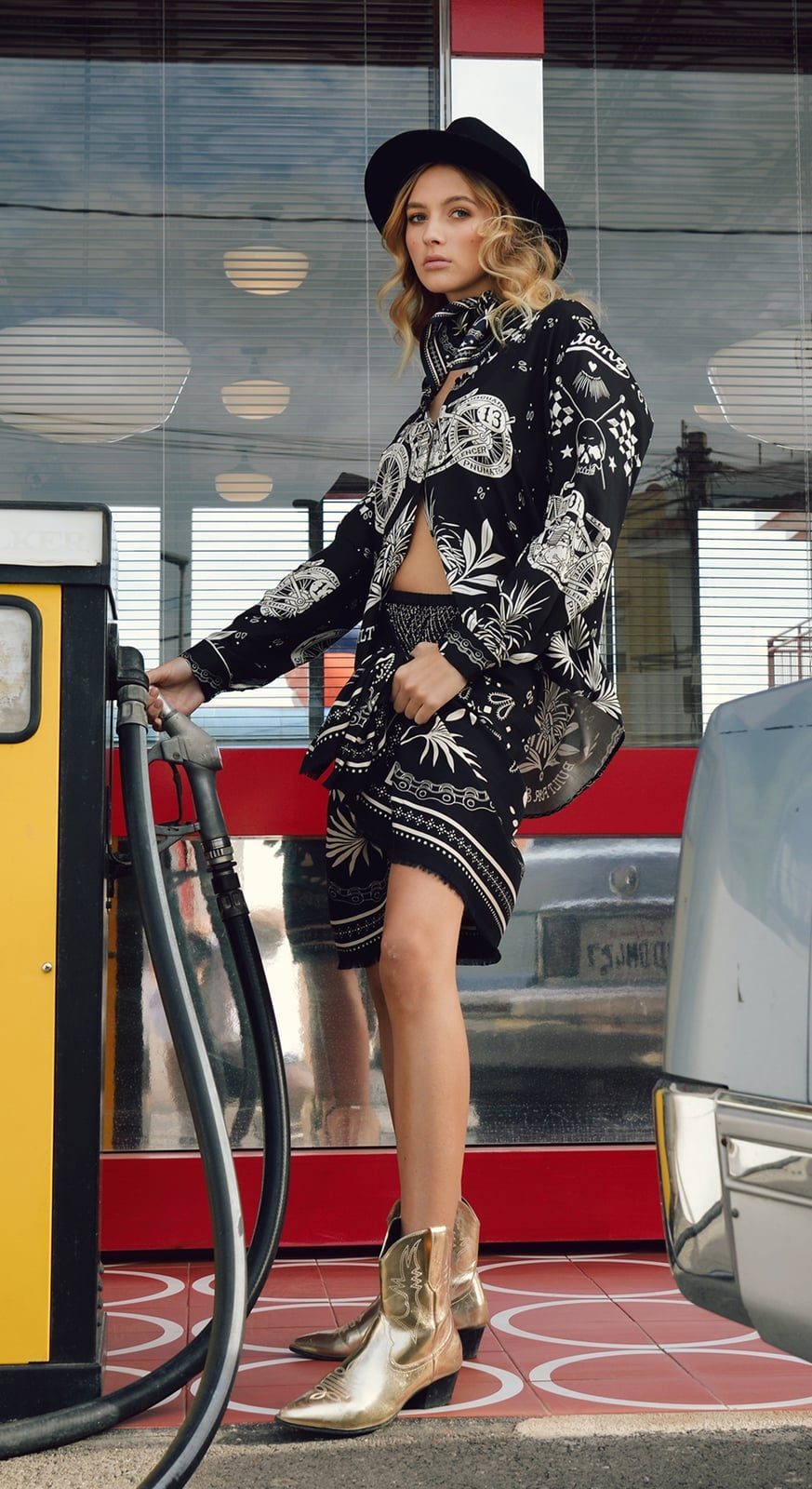 Printed Shirt Over Bandeau Top and Shorts with Gold Cowboy Boots — Elegant Rock Outfits