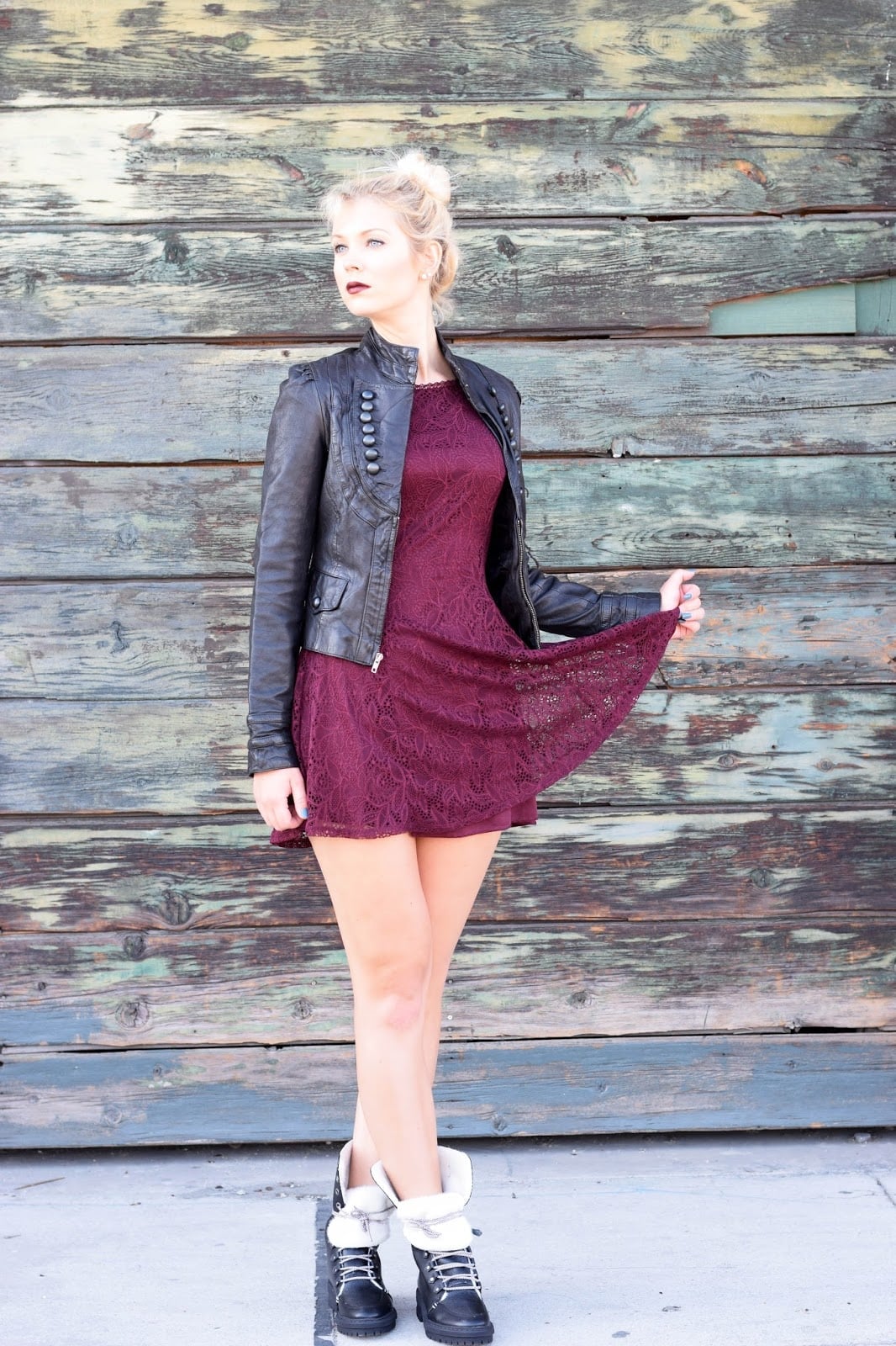 Burgundy Lace Dress With Black Leather Jacket and Fur-Lined Boots — Elegant Rock Outfits