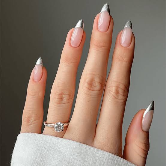 Medium Almond Sheer Pink Silver French Medium Almond Sheer Pink Silver French — Elegant Silver Nails