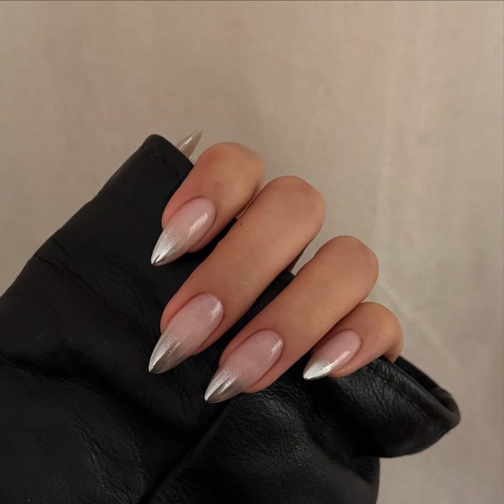 Medium Almond Nude Silver French Medium Almond Nude Silver French — Elegant Silver Nails