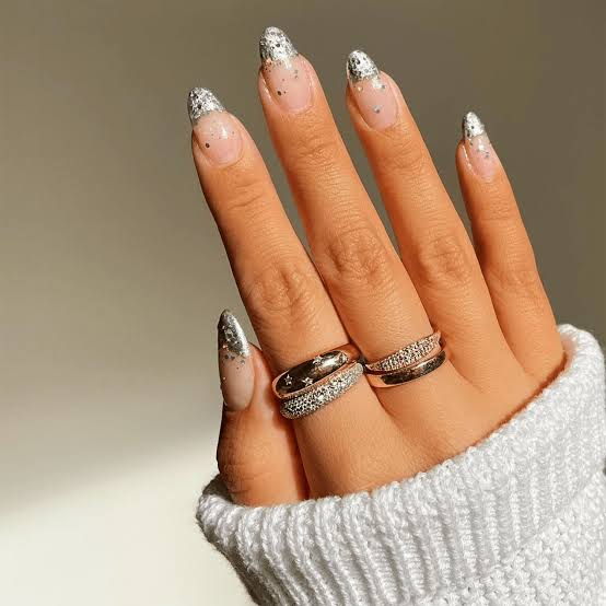 Medium Almond Glitter French Tip Medium Almond Glitter French Tip — Elegant Silver Nails