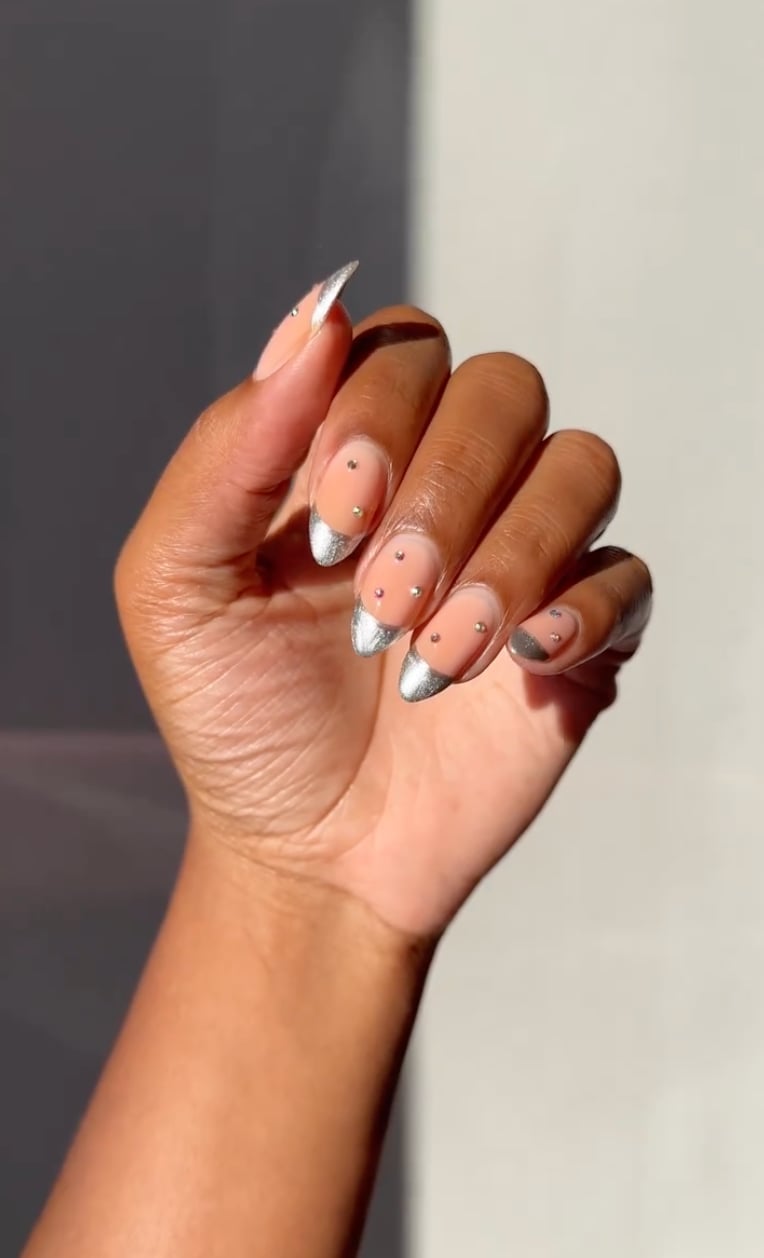 Long Almond Nude Silver Line Accents Long Almond Nude Silver Line Accents — Elegant Silver Nails