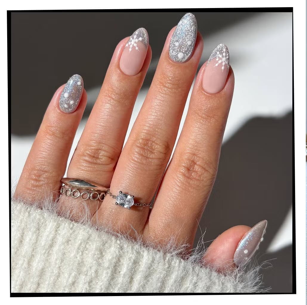 Medium Oval Nude Pink Silver Glitter Snowflakes Medium Oval Nude Pink Silver Glitter Snowflakes — Elegant Silver Nails